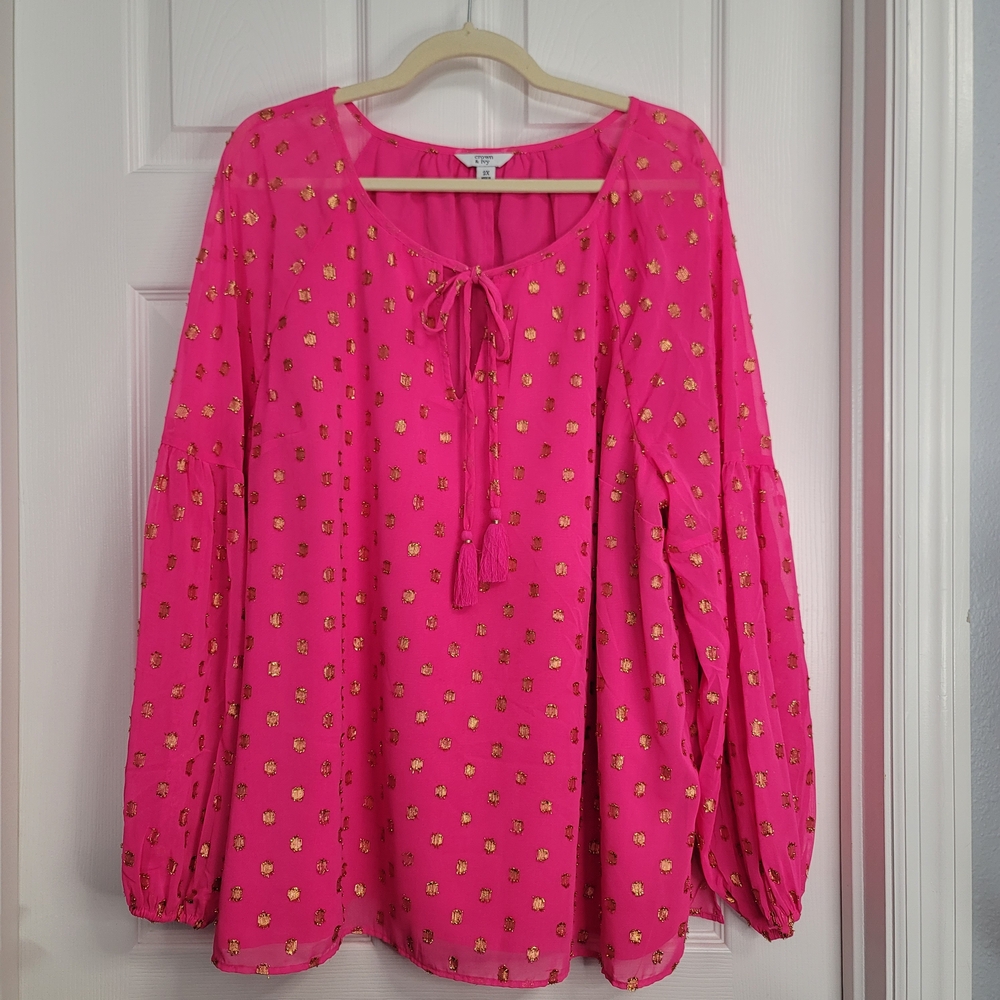 Crown & Ivy Pink Blouse Top Shirt with Gold Details Sheer Sleeves Spring Party🩷